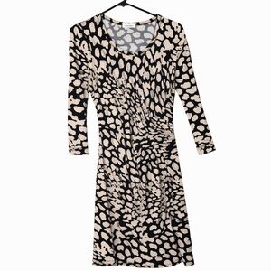 Calvin Klein Size 4 Ruched Midi‎ Dress Black Beige Animal Print 3/4 Sleeve